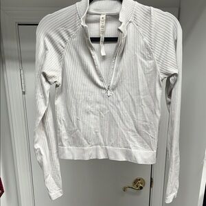 Lululemon Athletica White Ruffled Ribbed Blouse